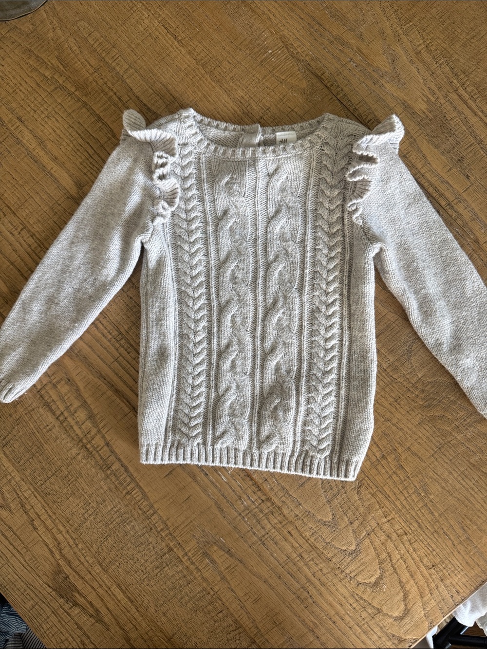 H&M Light Gray Cable Knit Sweater with Ruffle Shoulders
